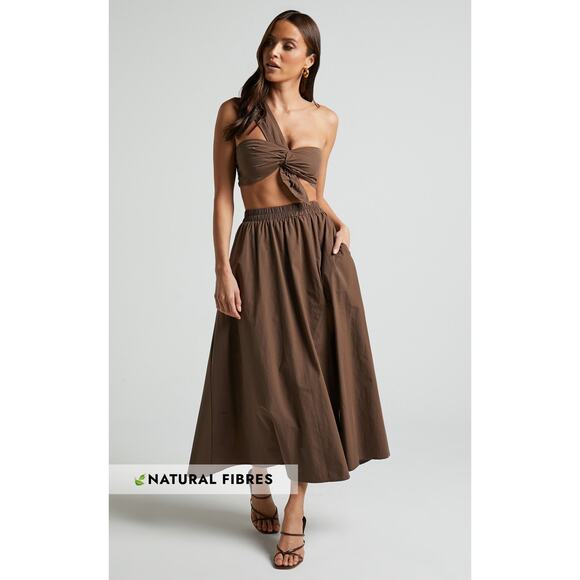 Showpo Sula Two Piece Set One Shoulder Crop Top Midi Skirt Chocolate Brown 2